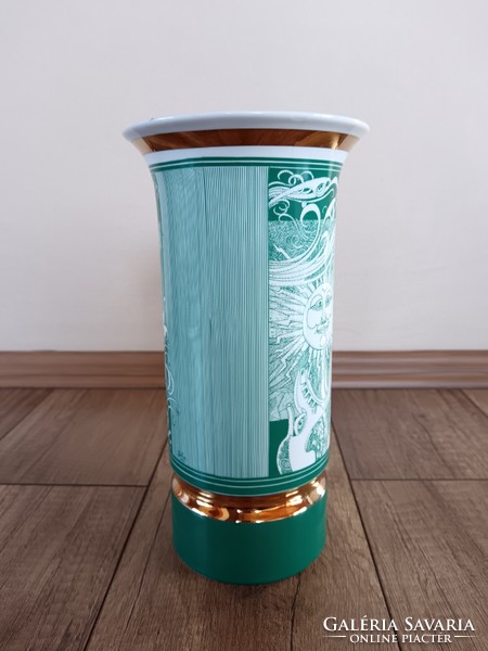 Ritka zöld Hollóházi Szász Endre porcelán nagy váza