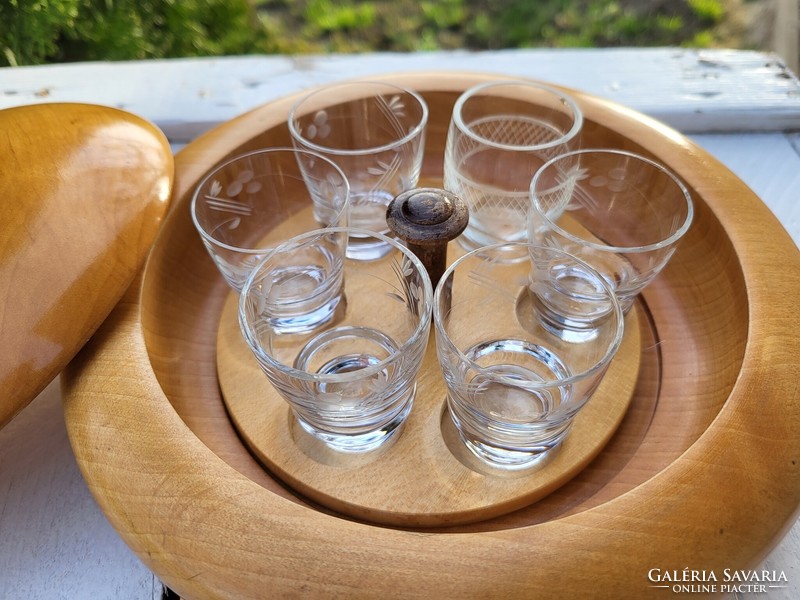 Set of polished drinks glasses in a wooden box
