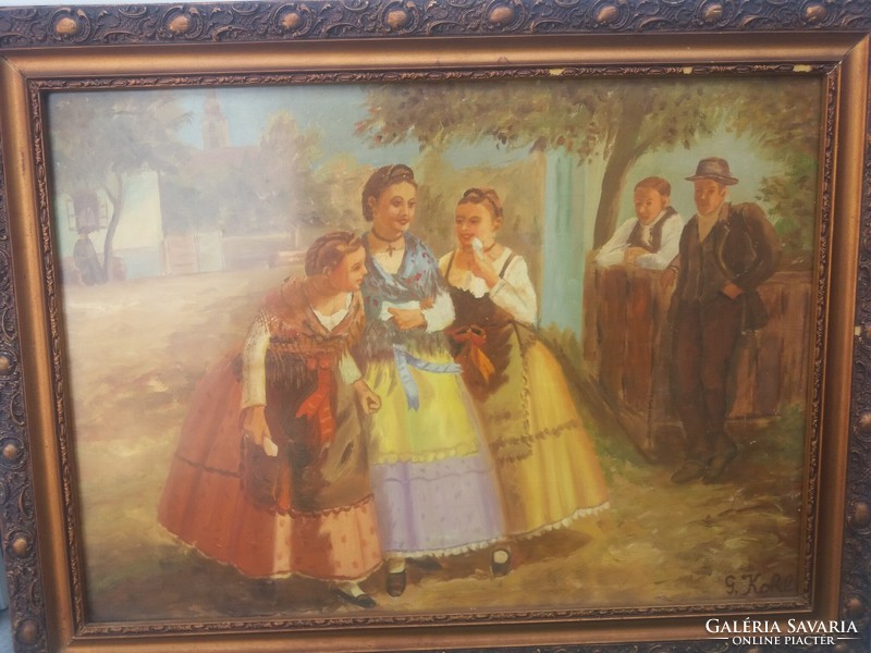 Antique beautiful oil / mixed tech. Cardboard painting g. Kohl sign in frame for girls sale line