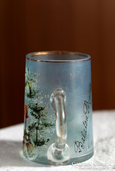 BalatonBerény feliratos, fújt üveg emlékcsésze, bögre, pohár