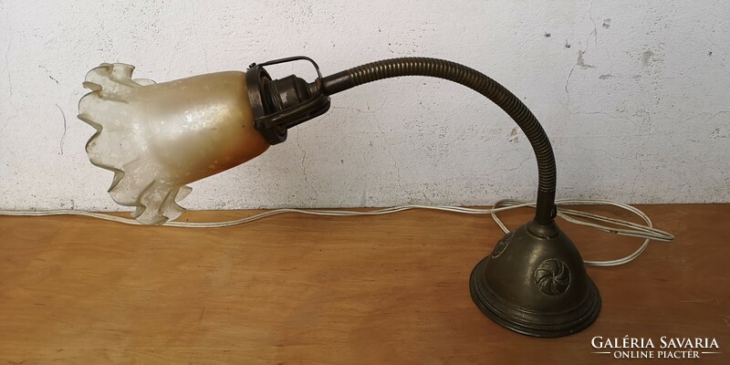 Antique art-deco bedside lamp with bendable stem, fine glass shade