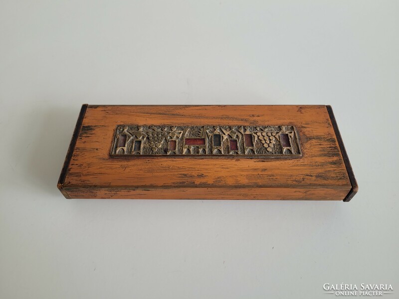 Retro copper bronze craftsman decorated wooden box with drawers old mid century desk accessory
