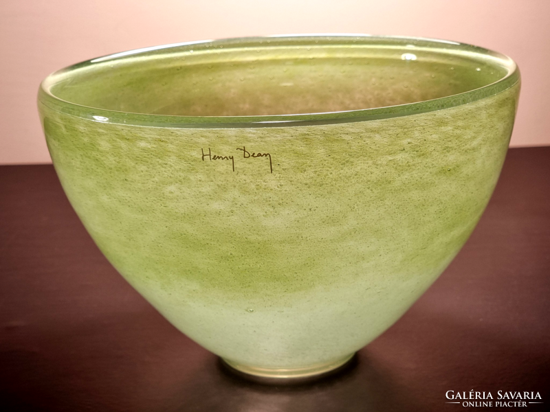*Nagy és nehéz Henry Dean áttetsző, egyedi zöld árnyalatú  organikus ihletésű dizájn üveg  tál.