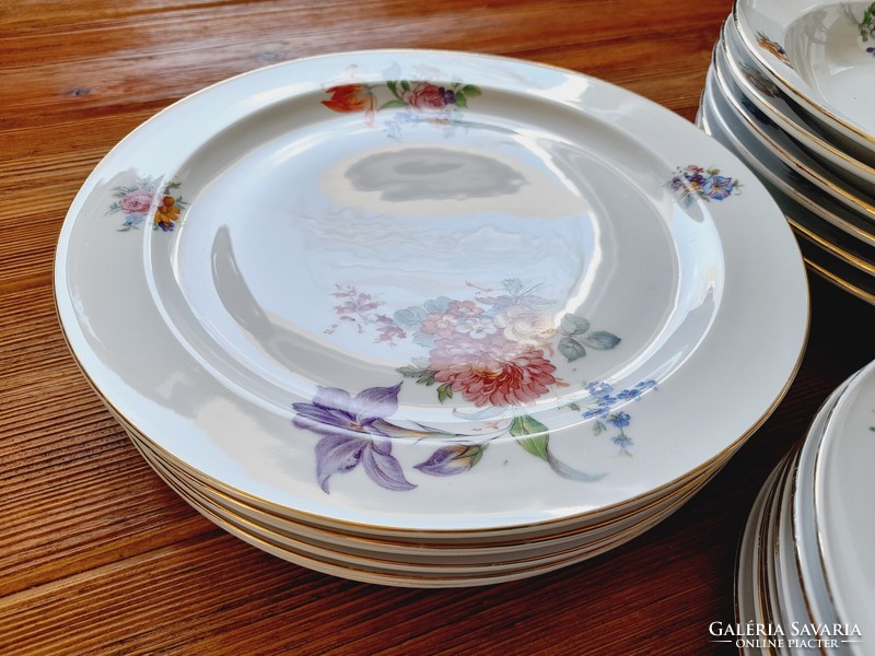 Old Zsolnay flower pattern plate set, 18 pcs