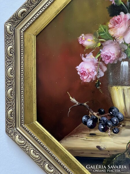 József Fürst signed, framed 8-angled oil still life 60 cm in a decorative frame