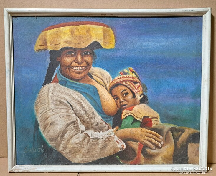 Anyaság - színesbőrű nő gyermekével (olaj, vászon) szignózott - Eulogia jelzés