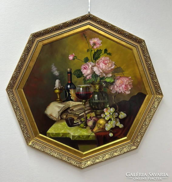 Signed József Fürst, framed 8-angled oil still life 80 cm in a decorative frame