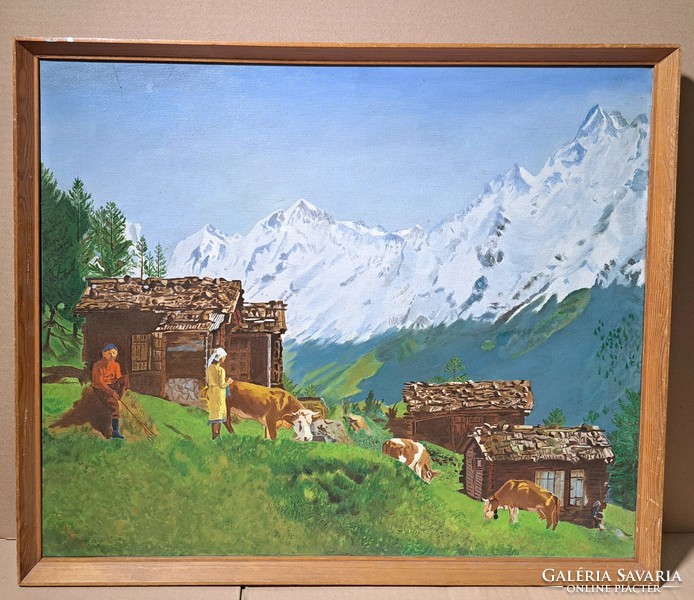 Magashegyi látkép tehenekkel (olajfestmény) Mékli I. szignóval - Ausztria vagy Svájc (Alpok)
