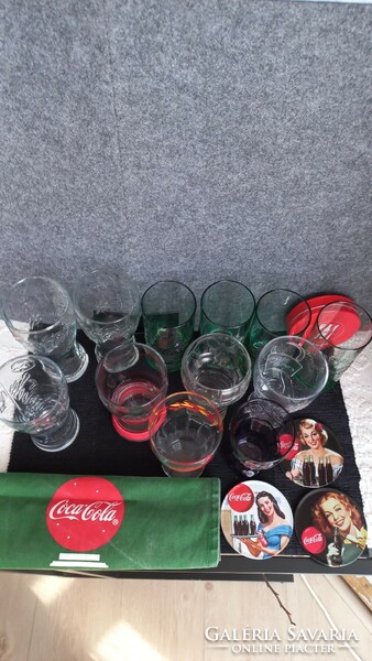 For collectors! Coca-cola soft glass glasses 12 pcs., original textile cloth + 3 pcs. Coaster metal box