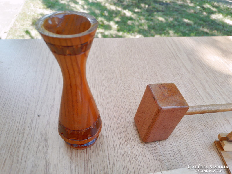 Made of wood, this + that - memory vase of the monastery house, shoe spoon, wooden hammer, Siófok sailing photo holder...
