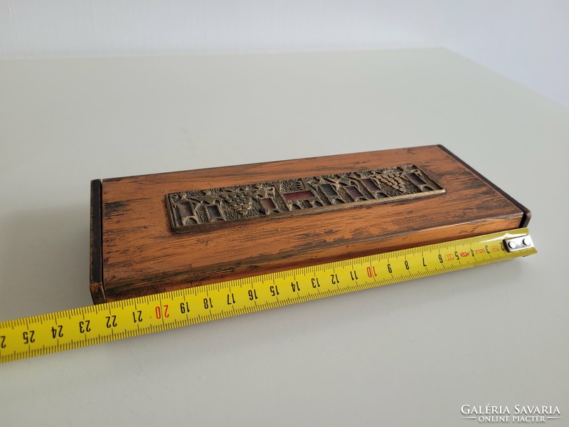 Retro réz bronz iparművész díszítésű fiókos fa doboz régi mid century íróasztal kellék