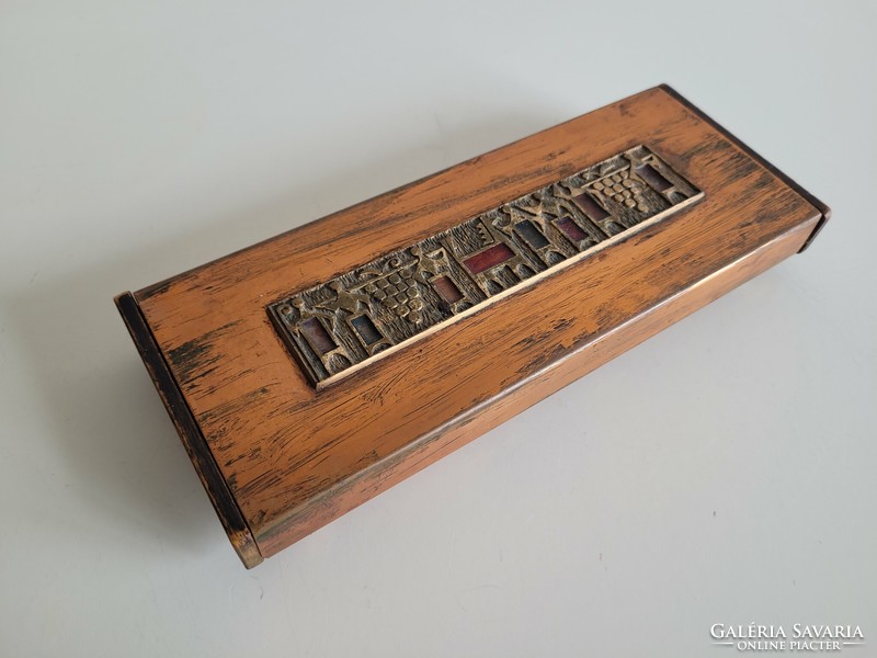 Retro réz bronz iparművész díszítésű fiókos fa doboz régi mid century íróasztal kellék