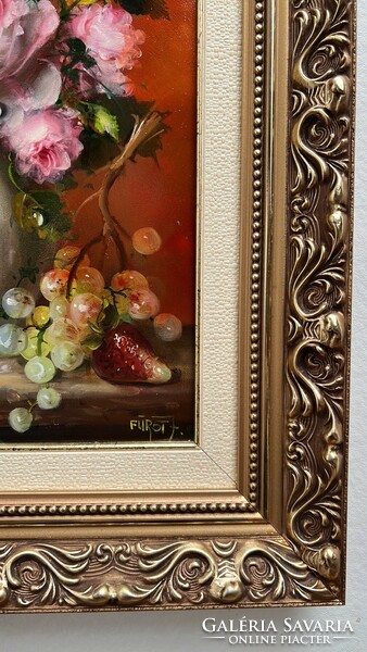 József Fürst signed, framed oil still life in an ornate frame