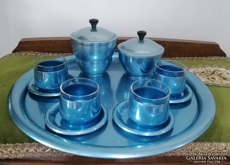 Retro metál kék fém - üveg kombinációjú kávés készlet 4 személyes
