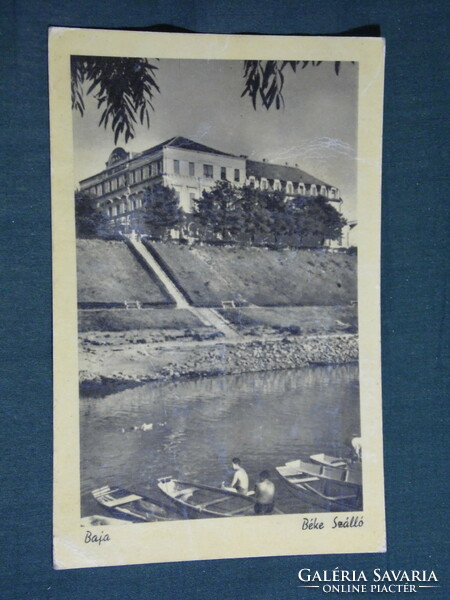 Képeslap, Baja, Sugovica part, Béke szálló, 1955