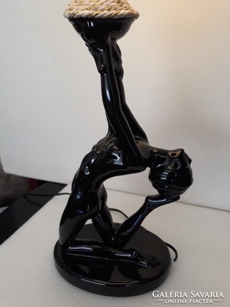 Art deco kerámia fekete nőalakos olasz asztali design lámpa