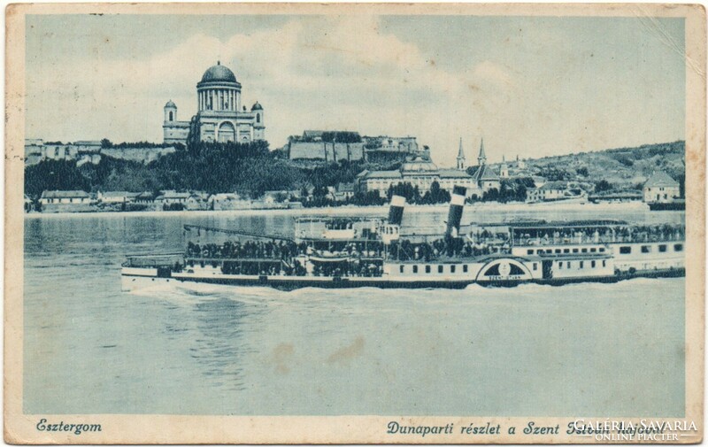 C - 302  Futott képeslap Esztergom - a Szent István hajóval 1937 (Monostory fotó)