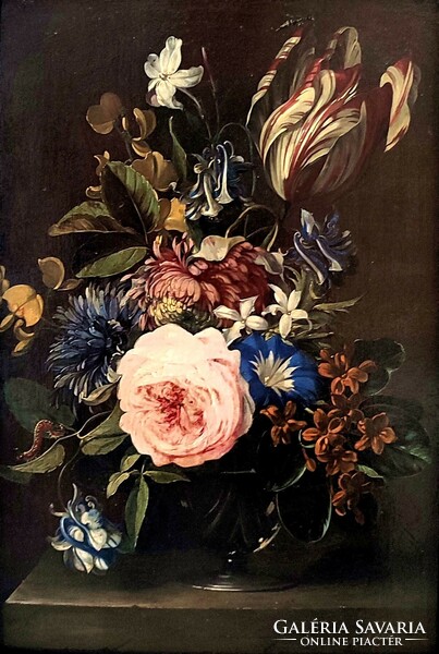 A bouquet of flowers by Michael joseph speeckaert ( 1748 - 1838 ) in a glass vase
