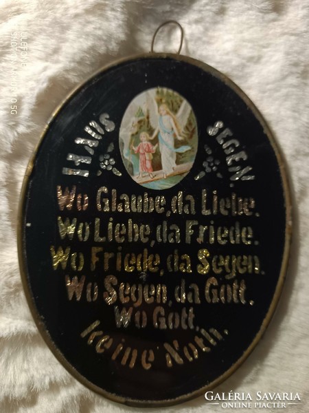 Századeleji régi házi áldás, festett üveg németül fellelt szép állapotban