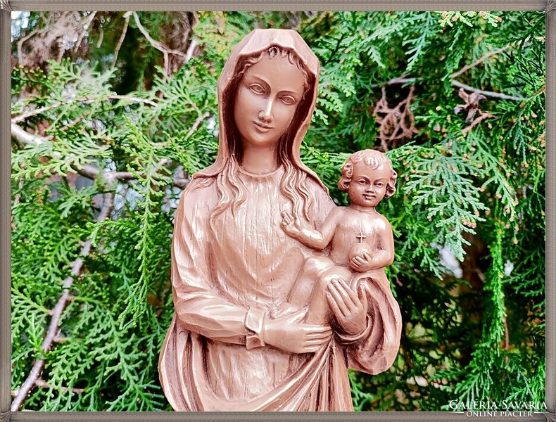 On a solid hardwood plinth, a wonderful, painted, large resin statue of the Virgin Mary with baby Jesus.