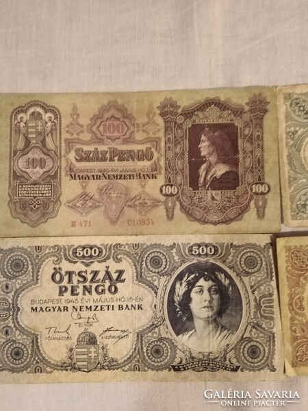 1 pc 100 pengő (1930), 1 pc 500 pengő (1945), 1 pc 1.000 pengő (1945), 1 pc 10.000 pengő (1945)