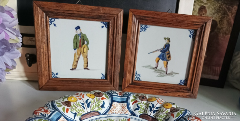 Also 2 colorful old, hand-painted framed Dutch Delft faience tile pictures