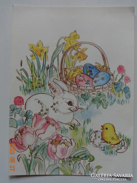 Rég grafikus húsvéti üdvözlő képeslap, glitteres