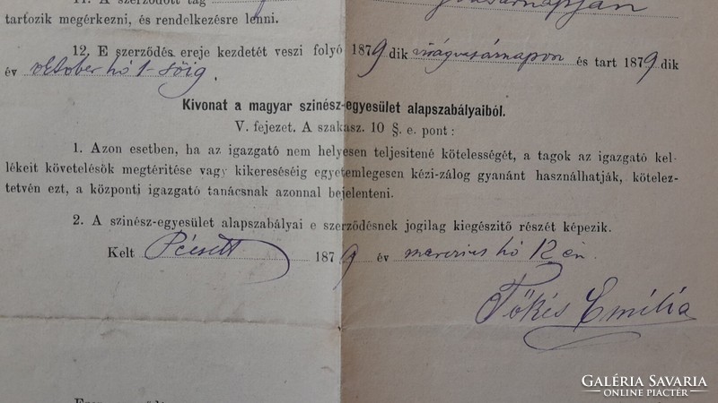 1879. Theater contract of prima donna Emilia Tőkés