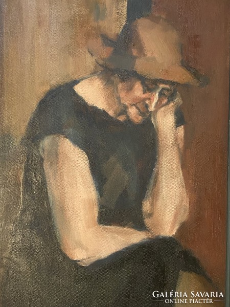 Vimmer Katalin Rozália Seated lady in a hat marked painting 54 x 74 cm