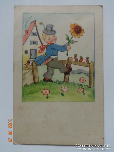 Régi grafikus üdvözlő képeslap, fiú napraforgóval