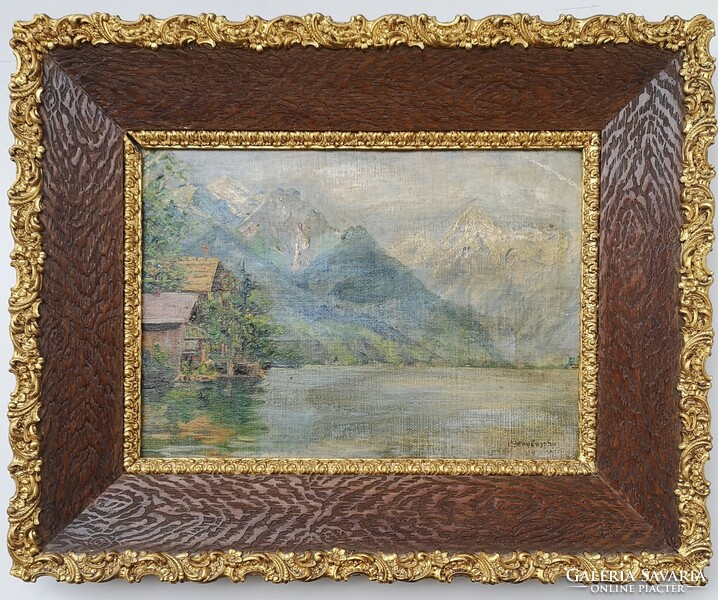 Mednyánszky (1852-1919) jelzéssel: Hegyi tó kunyhóval. Jelzett olajfestmény.