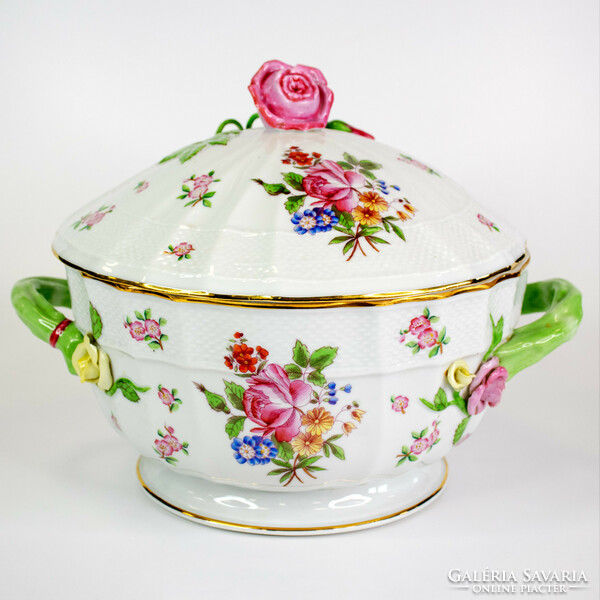 Herend flower pattern soup bowl with a rose on top