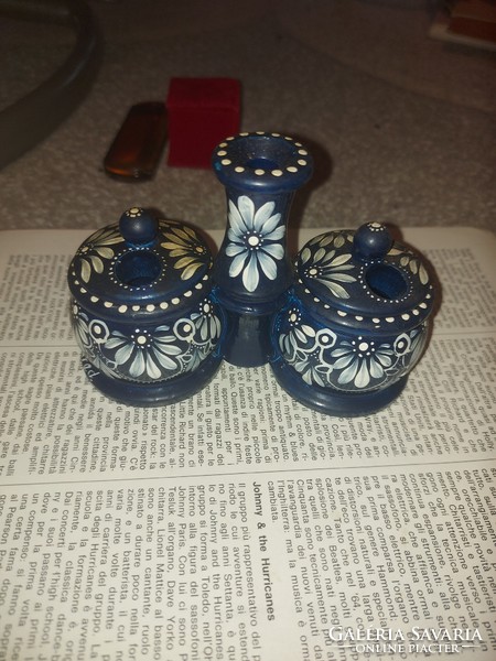 Salt and pepper, toothpick holder, wood, lacquered, painted, with folk motifs