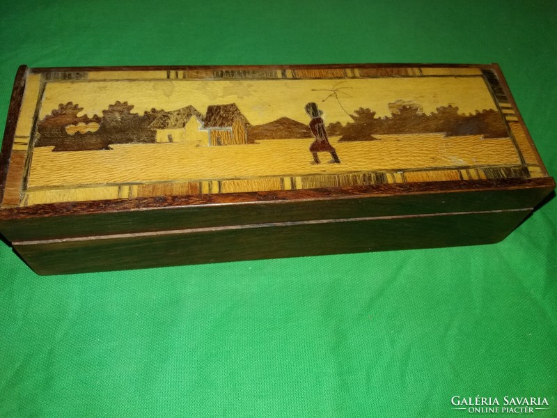 Old very beautiful inlaid scene lined ornament wooden box / pen holder 25 x 8 x 10 cm according to the pictures