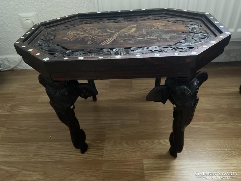 Beautiful carved marquetry oriental small table with ivory legs and bone inlay