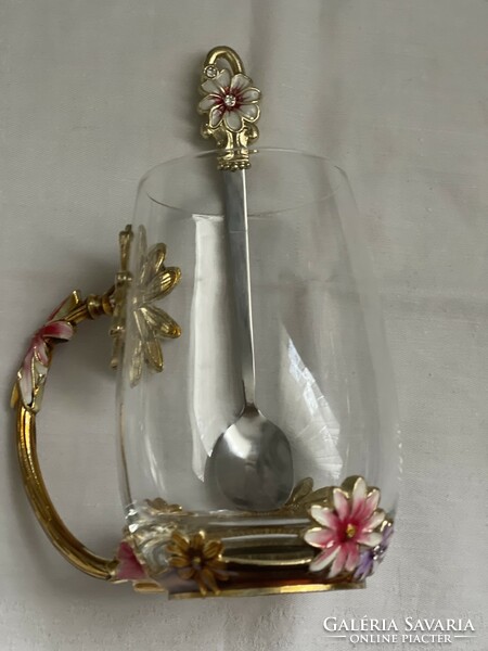 Cappuccino glass with a small spoon decorated with beautiful fire enamel flowers