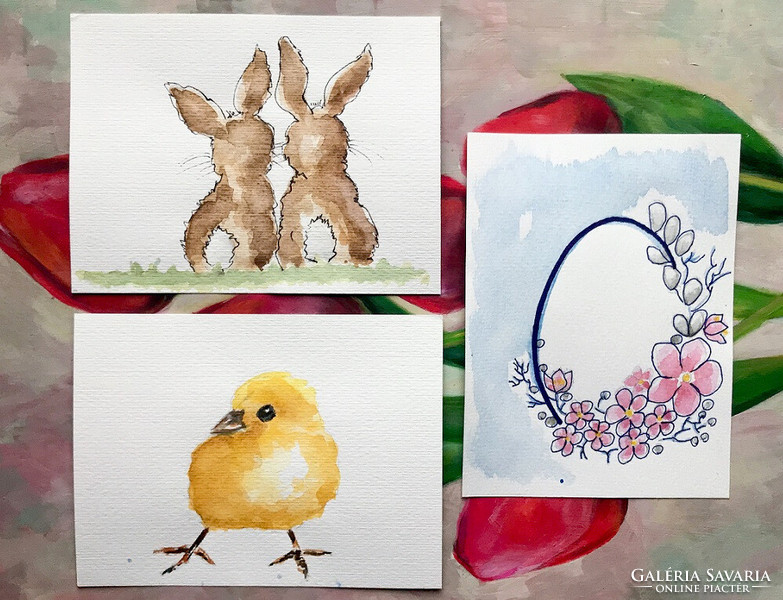 3 darab kézzel festett akvarell húsvéti képeslap egy csomagban - nem print