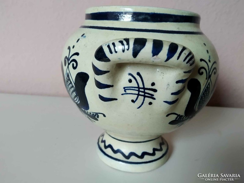 Korondi blue flower pot with handles, circa 1980s