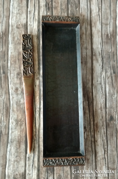 Iparművészeti réz levélbontó kés tálcával