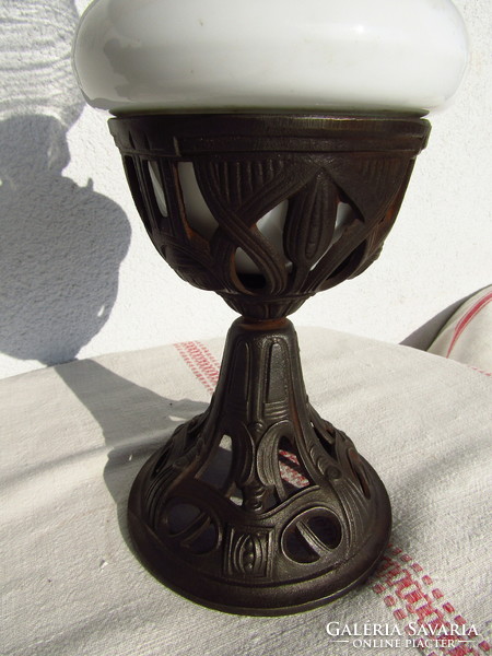 Art Nouveau table kerosene lamp, cast iron base, milk glass container