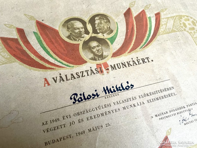 1949, Rákosi, Hungarian Workers' Party certificate, commemorative sheet