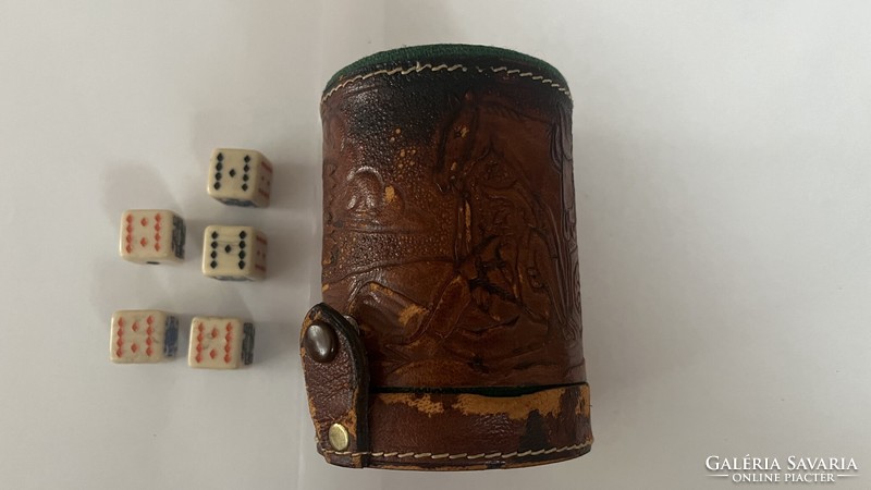 For sale is an old Mexican (Mayan) leather dice throwing cup with dice.