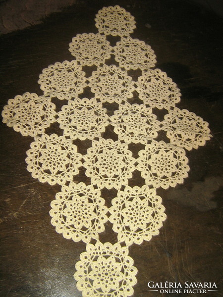 Cute beige crocheted antique floral lace tablecloth set 3 pcs