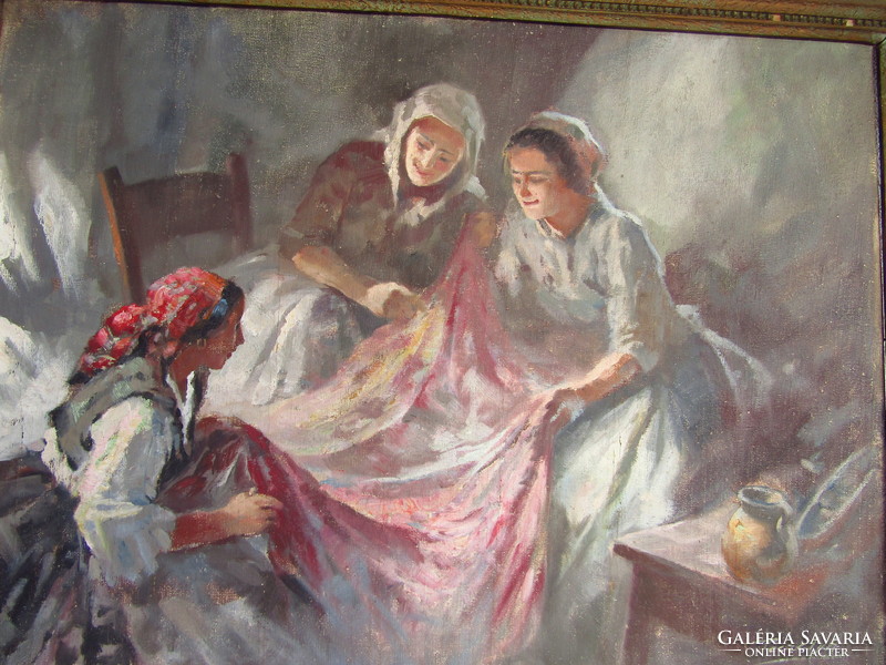 PÉCZELY ANTAL (1891-1960) nagyméretű olaj-vászon életképe, Vásznat vizsgáló asszonyok