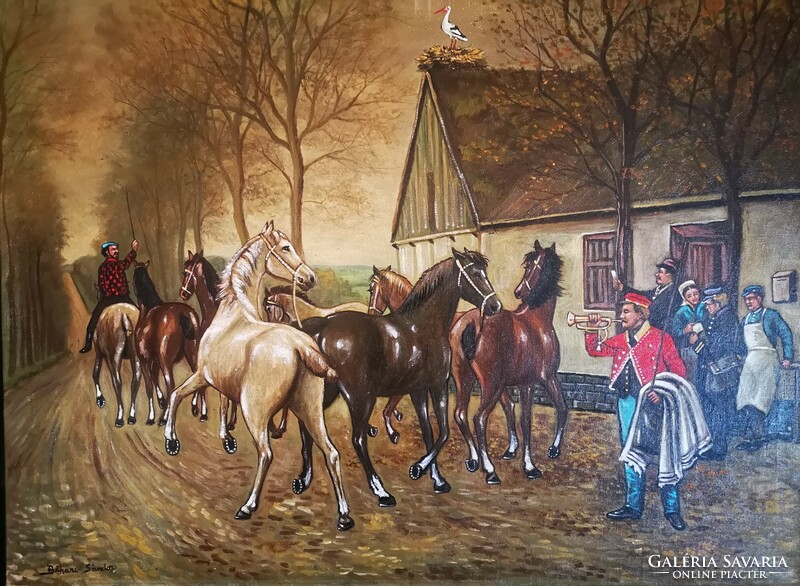 A painting depicting an equestrian scene