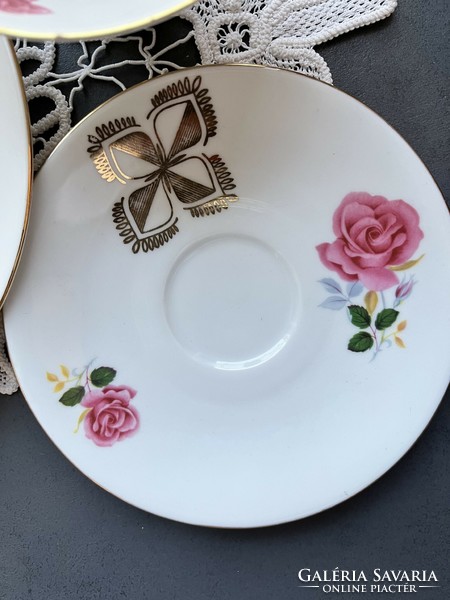 Csodás art deco Kronester Bavaria klasszikus rózsás reggeliző teás csésze szett, trió