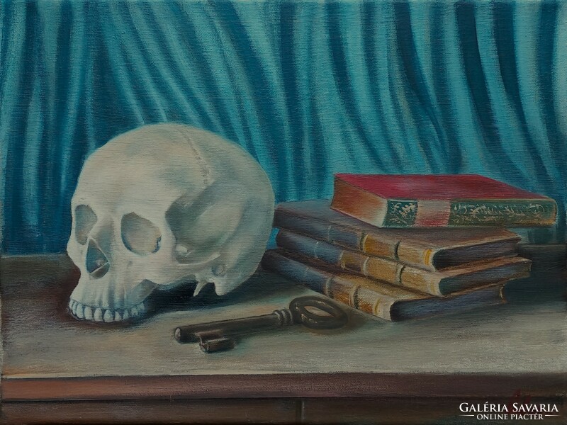 Vanitas - Csendélet koponyával és könyvekkel - Olajfestmény