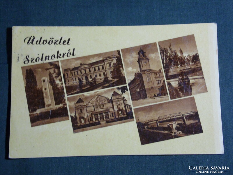Képeslap,Szolnok,mozaik részletek,vasúti híd,park,városháza,iskola,strand,utca részlet,látkép, 1953