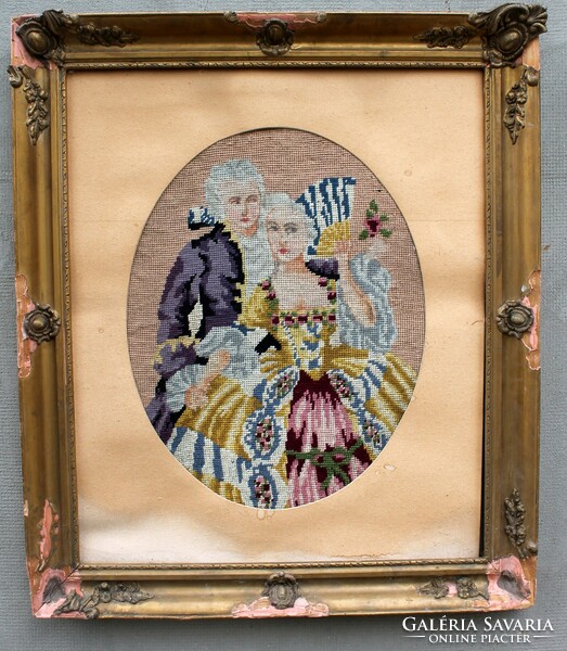 Antique baroque needle tapestry with defective frame. Size: 50x60 cm.