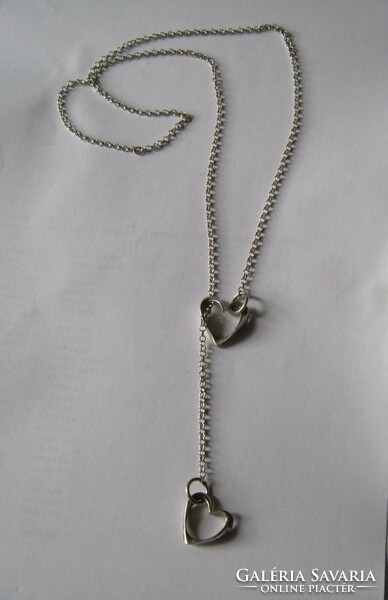 Extra long silver chain with two hearts, inscription